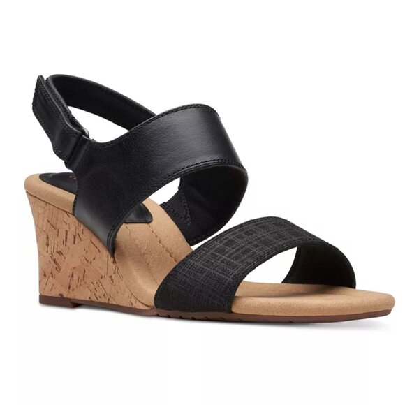 Clarks Womens Kyarra Faye‎ Black Leather Cork Wedges Sandals Shoes 12M New - Picture 1 of 14